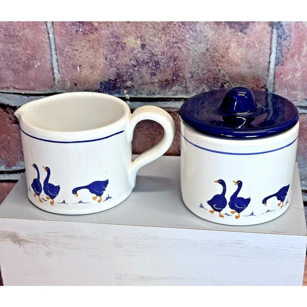 Vintage Rosenthal Netter Blue Geese Creamer Sugar Bowl Set W Lid Granny Core‎